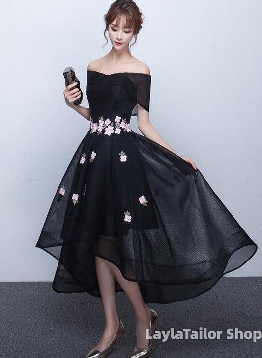 Black Off Shoulder High Low Party Dresses With Flower Lace, Black Short Homecoming Dresses