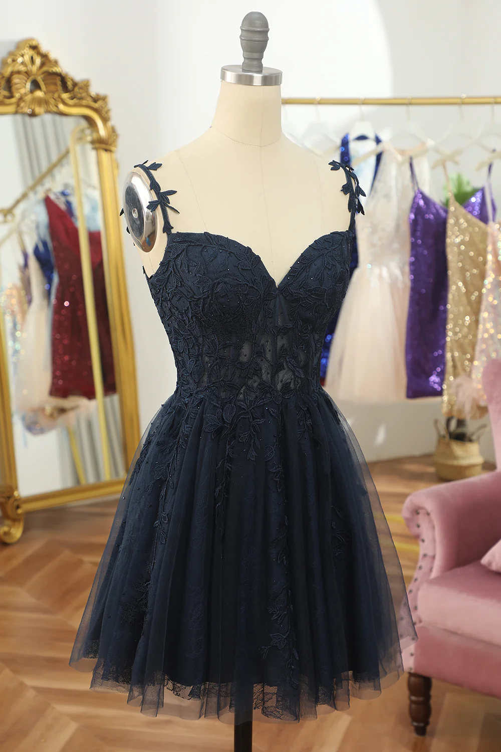 Navy Blue Spaghetti Straps Short Homecoming Dress With Appliques