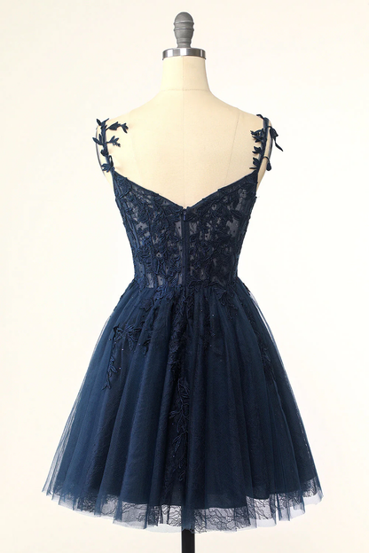 Navy Blue Spaghetti Straps Short Homecoming Dress With Appliques