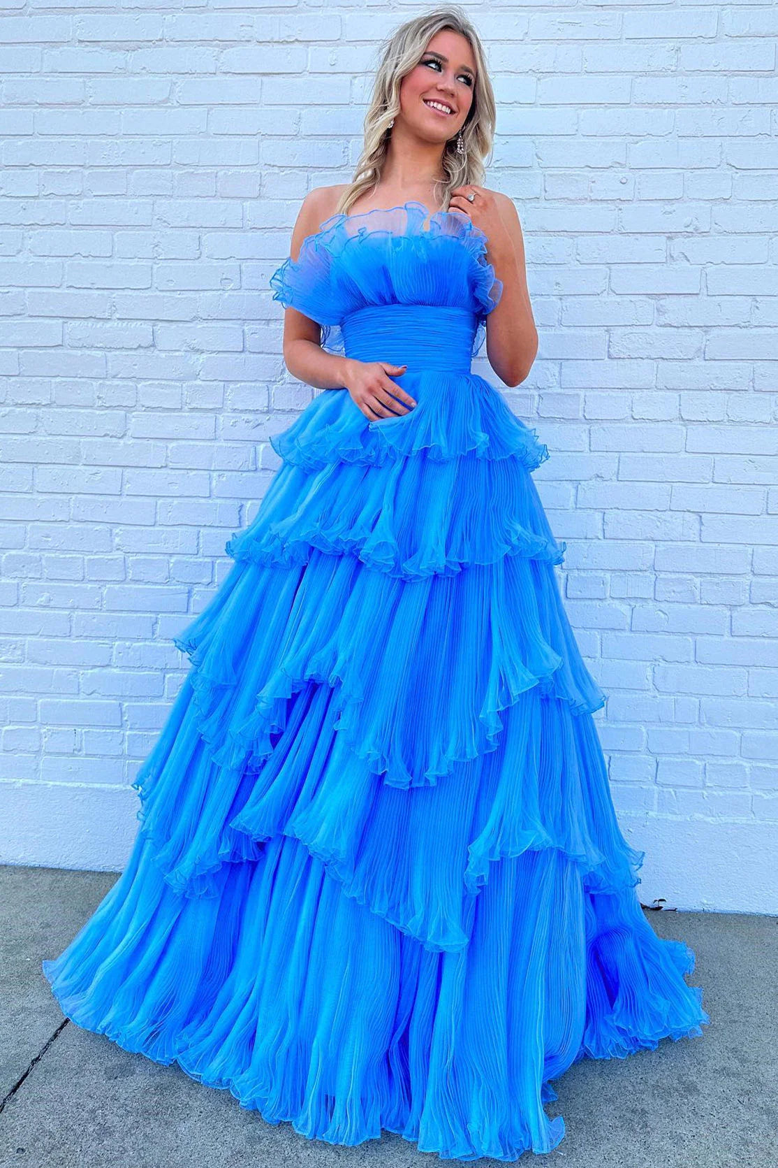 Ruffles Pleated A-Line Organza Long Prom Dresses