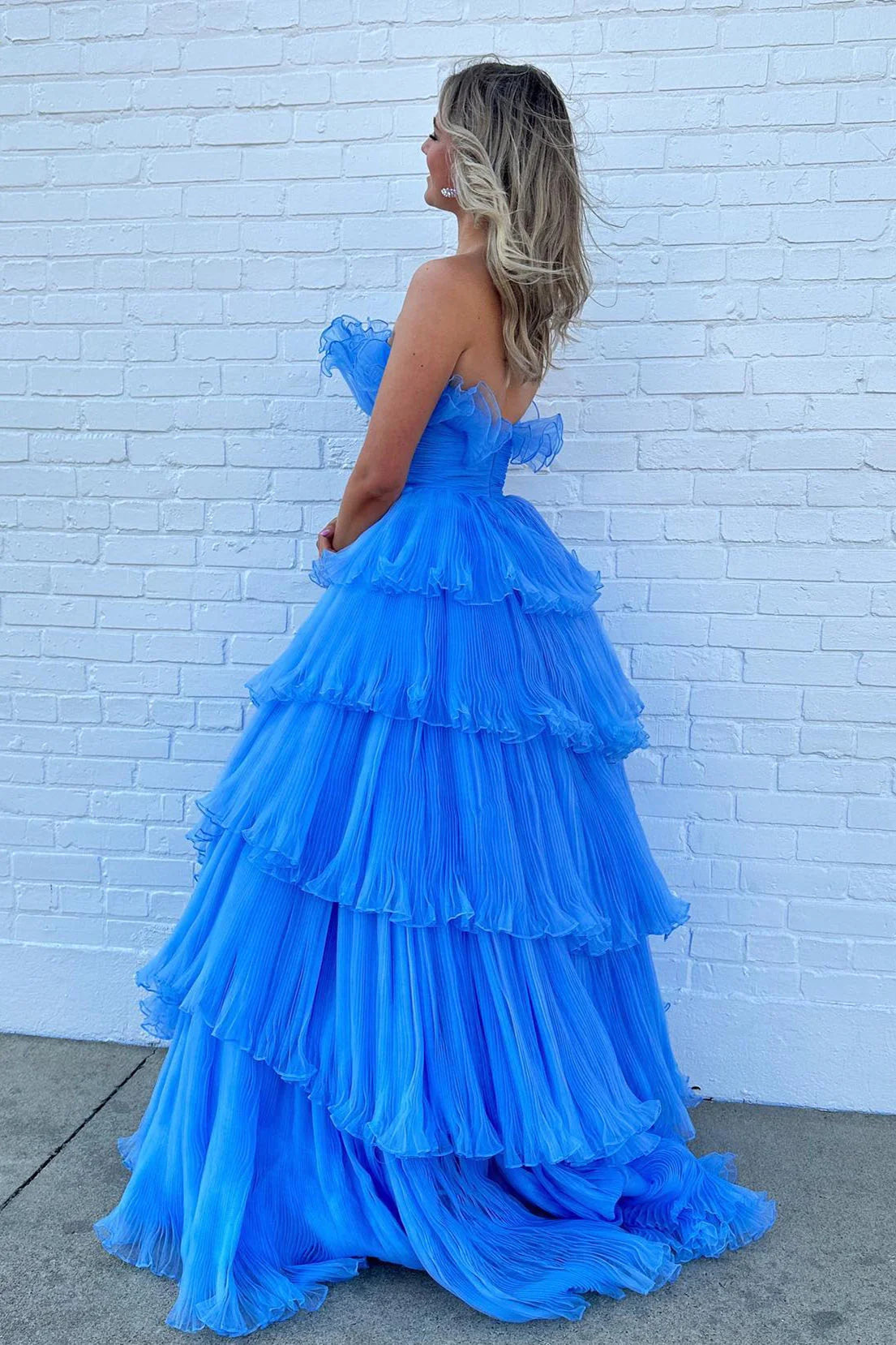 Ruffles Pleated A-Line Organza Long Prom Dresses