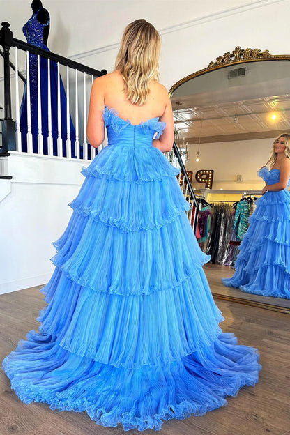 Ruffles Pleated A-Line Organza Long Prom Dresses