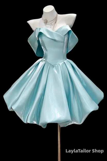 Blue Satin Party Dress Strapless Flared Skirt Short Prom Gown