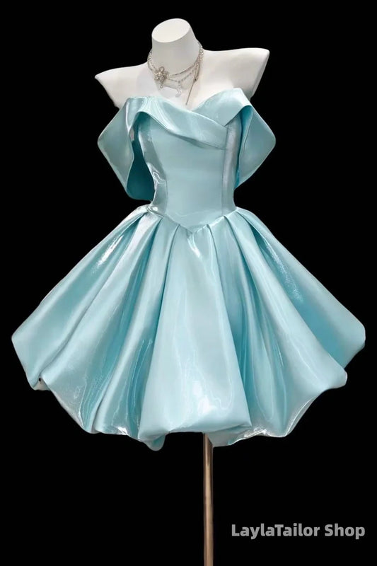 Blue Satin Party Dress Strapless Flared Skirt Short Prom Gown