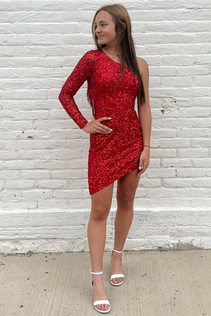Fuchsia Bodycon One Shoulder Tassel Back Mini Party Dresses