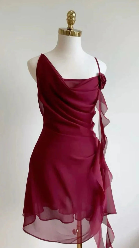 Burgundy A Line Spaghetti Strap Floral Chiffon Short Party Dress Homecoming Dress Outfits