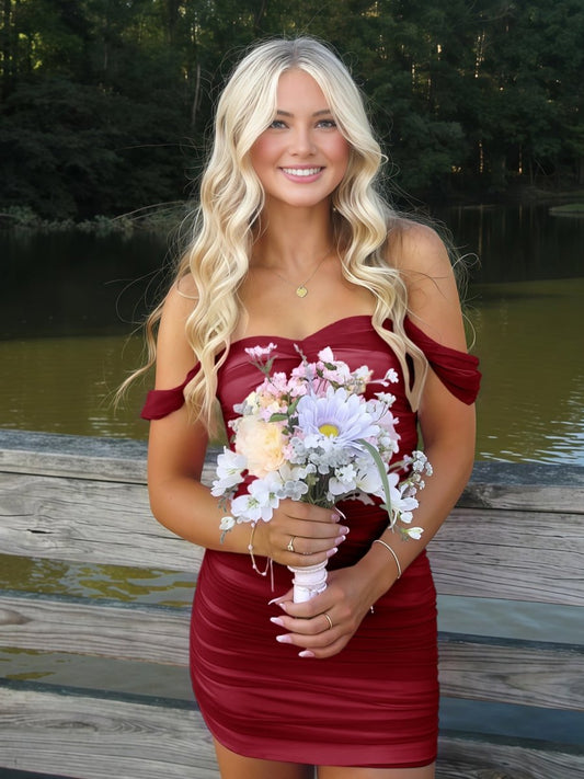 Burgundy Off The Shoulder Tulle Homecoming Dress Short Cocktail Dresses