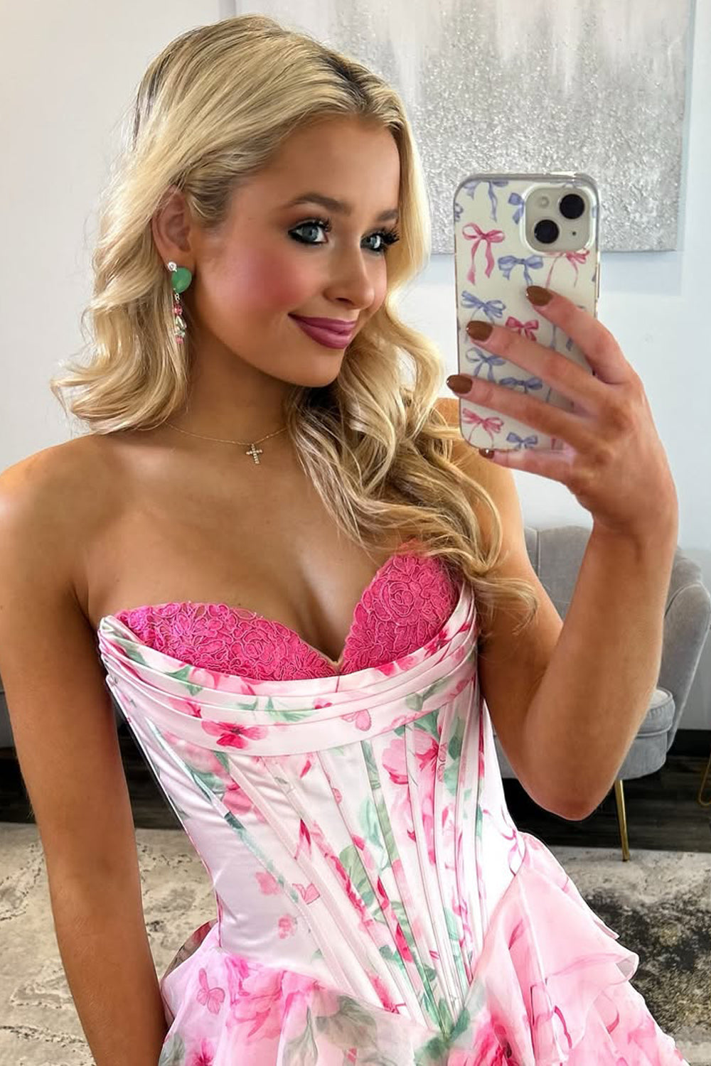 Cute A Line Sweetheart Pink Floral Chiffon Prom Dress with Slit