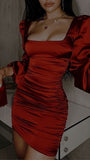 Red Square Neck Satin Homecoming Dress