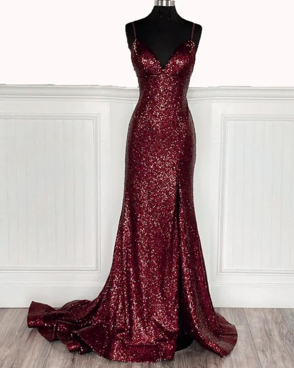 Mermaid Burgundy Sequin Floor Length Prom Dress 22st Birthday Outfit Party Dresses,LTP3703