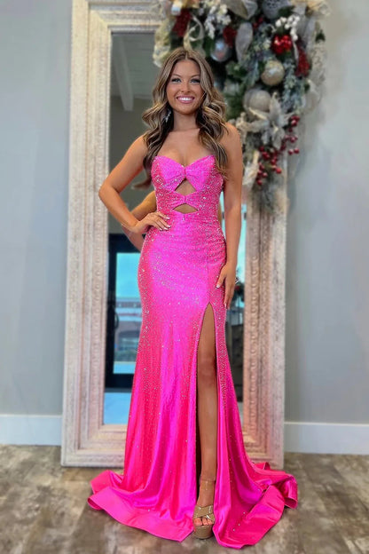 Sparkly Mermaid Sweetheart Hot Pink Satin Long Prom Dresses with Hot Stone Beading