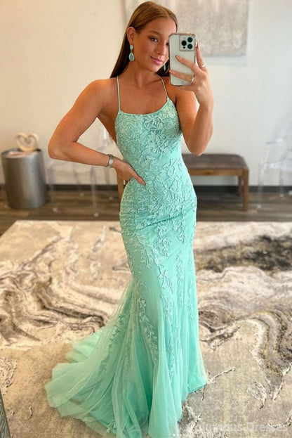 Popular Sheath Lace Appliques Long Prom Dresses