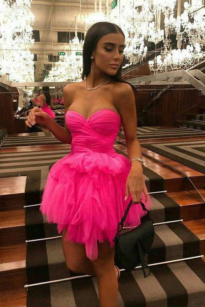 Hot Pink Tulle Mini Homecoming Dresses Sweetheart Party Dress