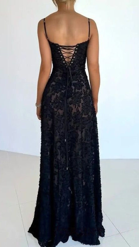 Spaghetti Straps Black Lace Slim Senior Prom Dresses For Women,LTP4281
