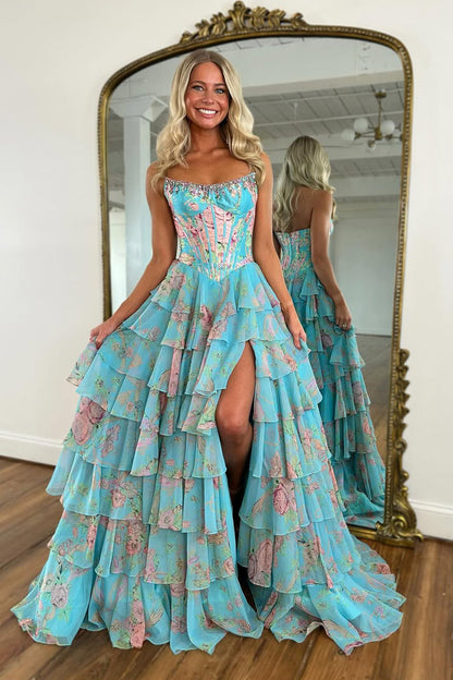 A-Line Strapless Floral Printed Chiffon Ruffle Tiered Corset Long Prom Dresses with Slit