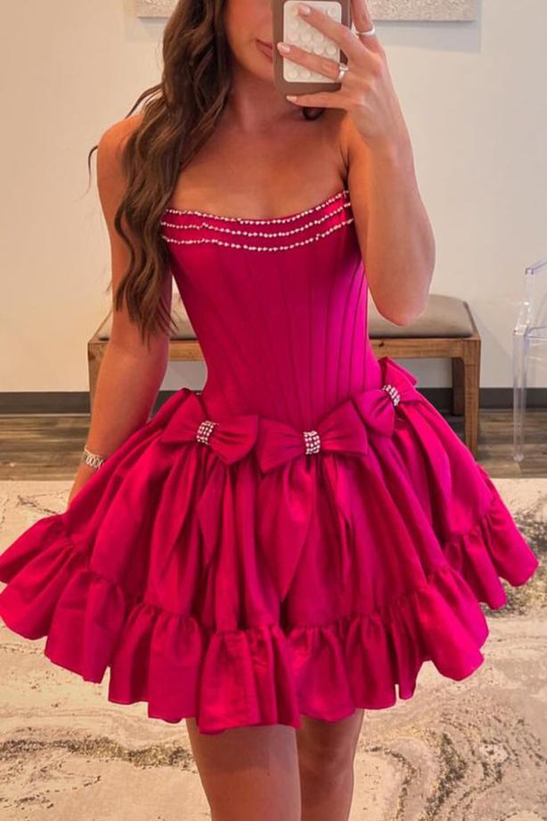 Strapless Black Beaded Short Homecoming Dress with Bow
