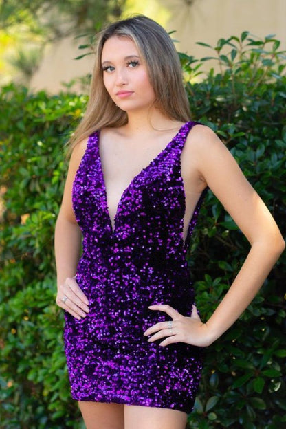 Purple Sequin V-Neck Bodycon Homecoming Dress