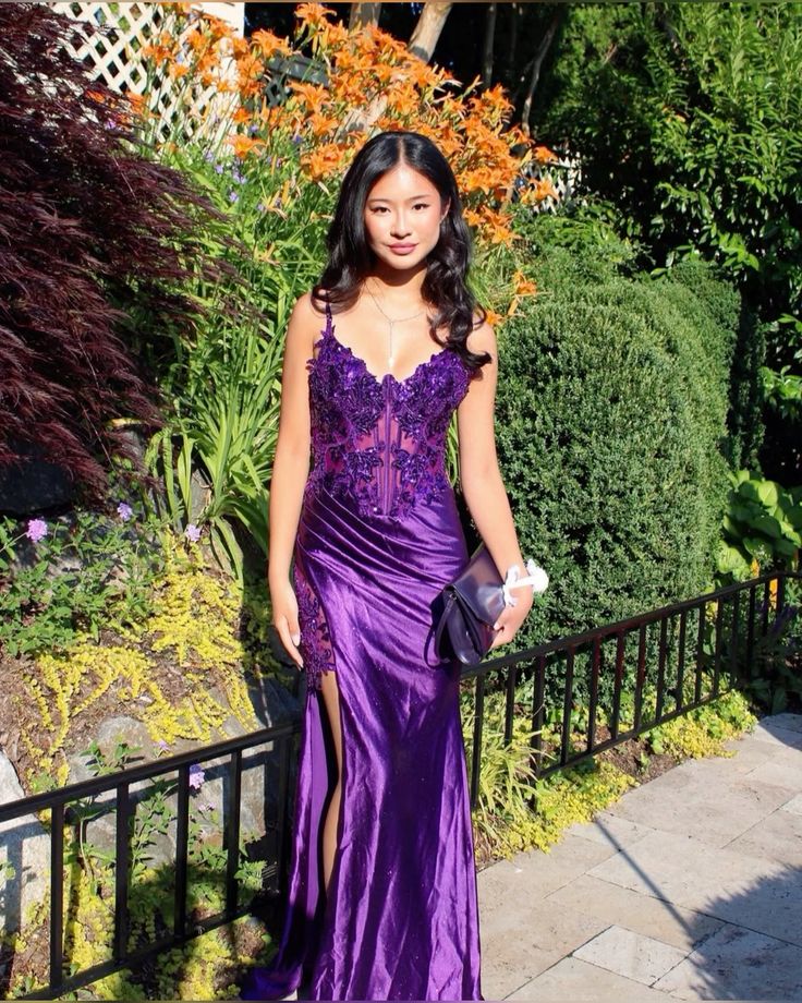 Purple V-Neck Appliques Lace Party Dress With Side Slit,LTP4518