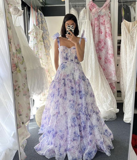 Bow Tie A-Line Chiffon Floral Prom Dresses