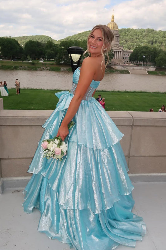 Gorgeous Ball Gown Strapless Aqua Tiered Organza Prom Gown with Bow