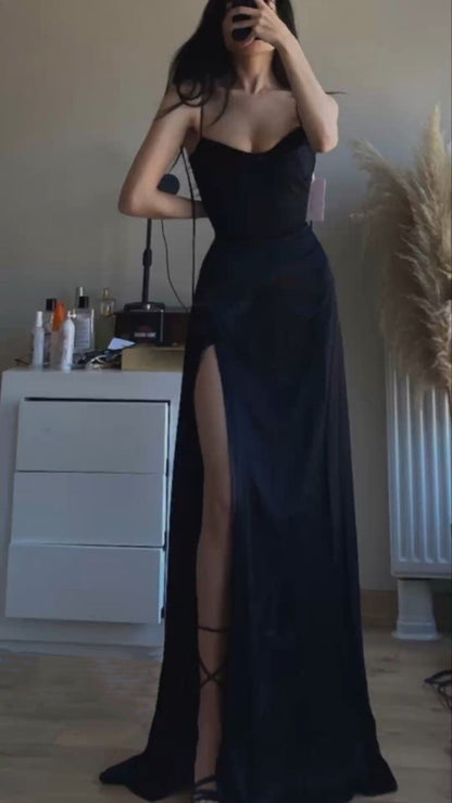 Sexy Black Sheath Prom Dresses, Satin Long Evening Party Gown