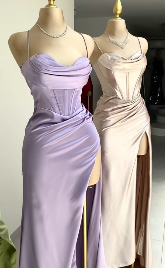 Spaghetti Straps Lilac Evening Party Dresses, Popular Silk Satin Prom Dresses, High Quality Bridesmaid Dresses