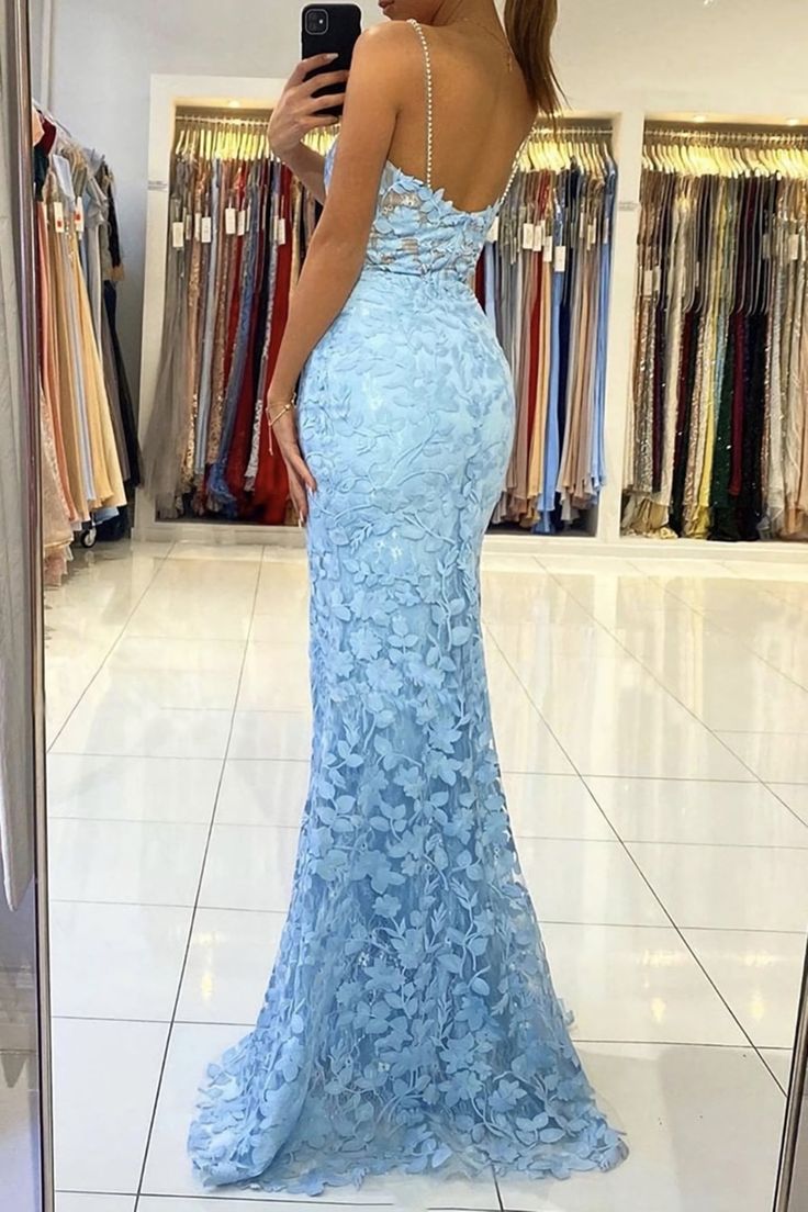 Sky Blue Applique Mermaid Long Prom Dress