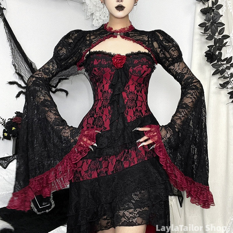 Celestial Whimsigoth Halloween Gothic Vampire Dress, Lace-trimmed Sexy Long Dress, Dark Style Prom Dresses,LTP82797