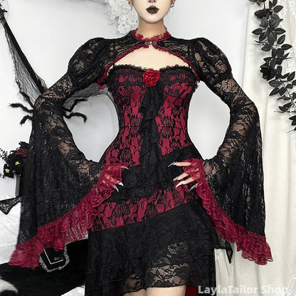 Celestial Whimsigoth Halloween Gothic Vampire Dress, Lace-trimmed Sexy Long Dress, Dark Style Prom Dresses,LTP82797