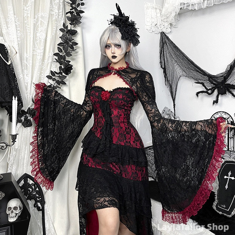 Celestial Whimsigoth Halloween Gothic Vampire Dress, Lace-trimmed Sexy Long Dress, Dark Style Prom Dresses,LTP82797