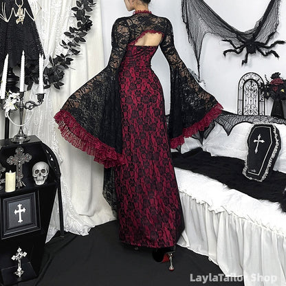 Celestial Whimsigoth Halloween Gothic Vampire Dress, Lace-trimmed Sexy Long Dress, Dark Style Prom Dresses,LTP82797