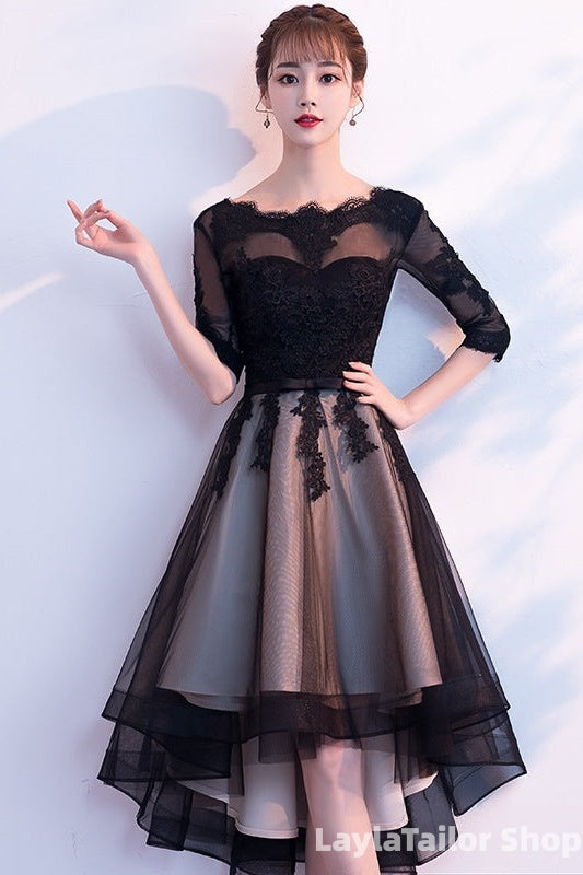 Champagne And Black High Low Short Sleeves Party Dress, High Low Homecoming Dress Formal Dresses