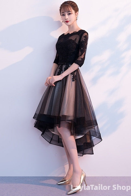Champagne And Black High Low Short Sleeves Party Dress, High Low Homecoming Dress Formal Dresses