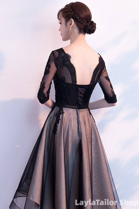 Champagne And Black High Low Short Sleeves Party Dress, High Low Homecoming Dress Formal Dresses