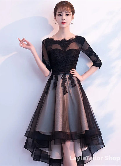 Champagne And Black High Low Short Sleeves Party Dress, High Low Homecoming Dress Formal Dresses