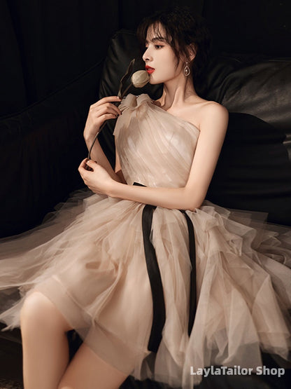 Champagne One Shoulder Tulle Short Party Dress, Short Homecoming Dresses