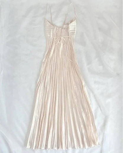 Champagne Spaghetti Straps Long Prom Dress Pleated Evening Dress,LTP4463