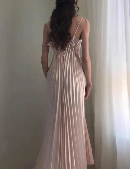Champagne Spaghetti Straps Long Prom Dress Pleated Evening Dress,LTP4463