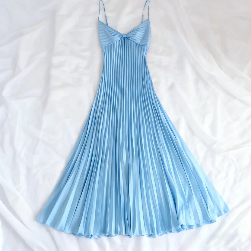 Champagne Spaghetti Straps Long Prom Dress Pleated Evening Dress,LTP4463