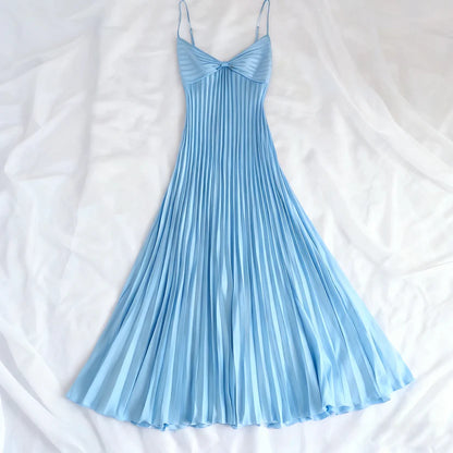 Champagne Spaghetti Straps Long Prom Dress Pleated Evening Dress,LTP4463