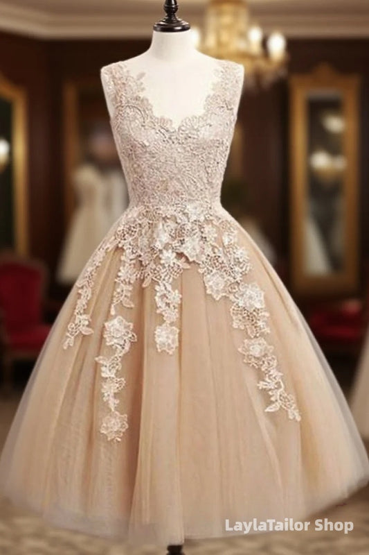Champagne Tulle Lace Short Formal Prom Dress, Cute Homecoming Dress