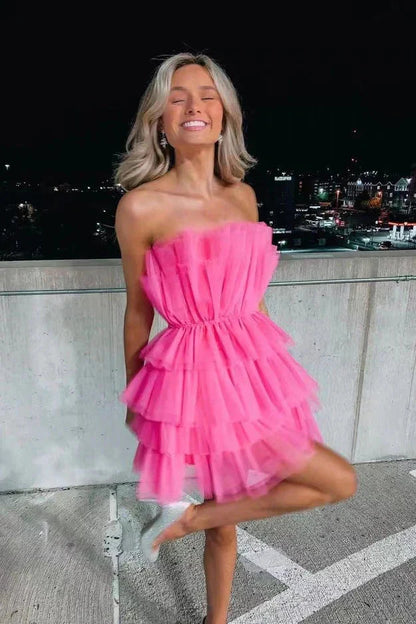Line Hot Pink Short Homecoming Dresses, Strapless Party Dress