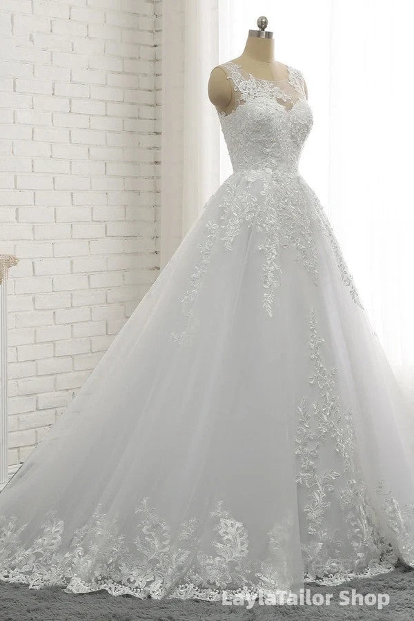 Classic Round neck Lace appliques White Princess Wedding Dress