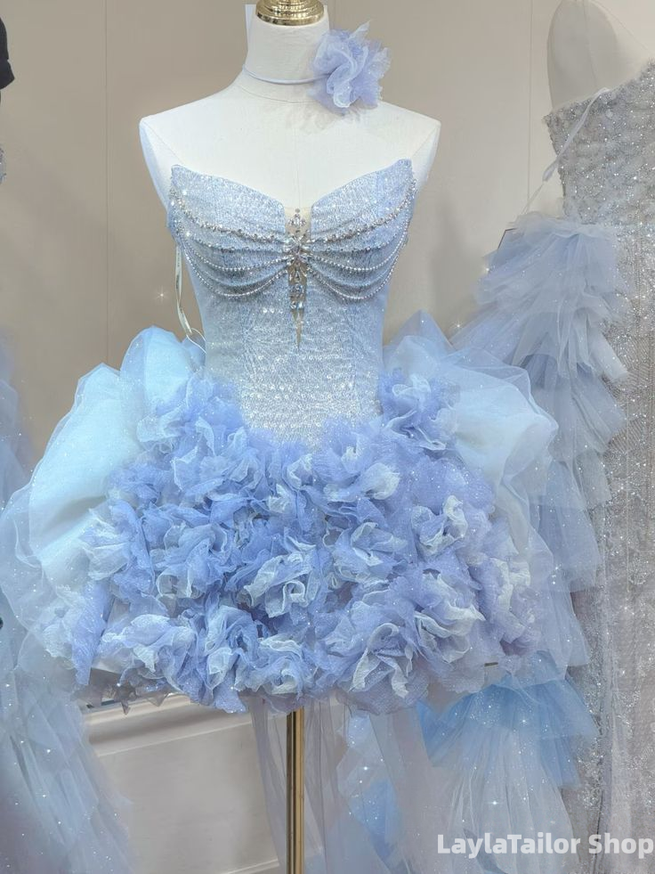 Classy Strapless Blue Tulle Pleated Beaded Birthday Outfits Homecoming Dress