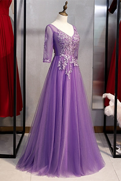 Half Sleeves Purple Appliques Long Paty Dress