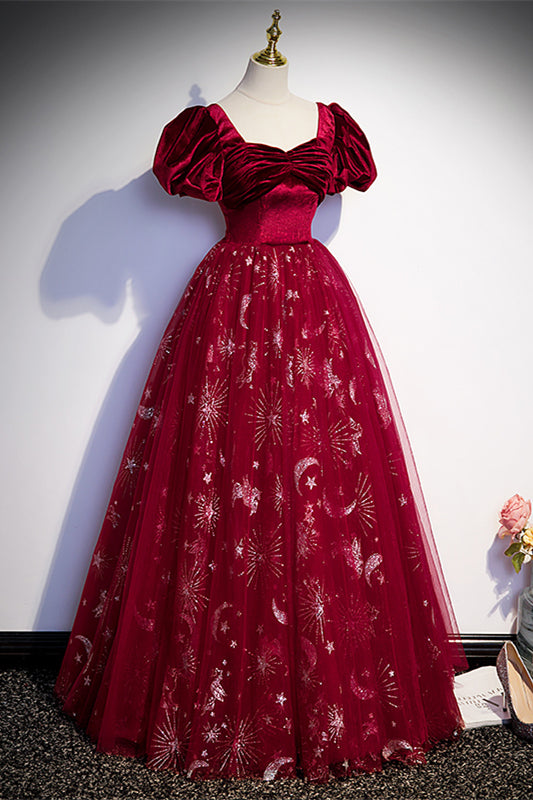 Wine Red Velvet and Tulle Short Sleeves Princess Dress
