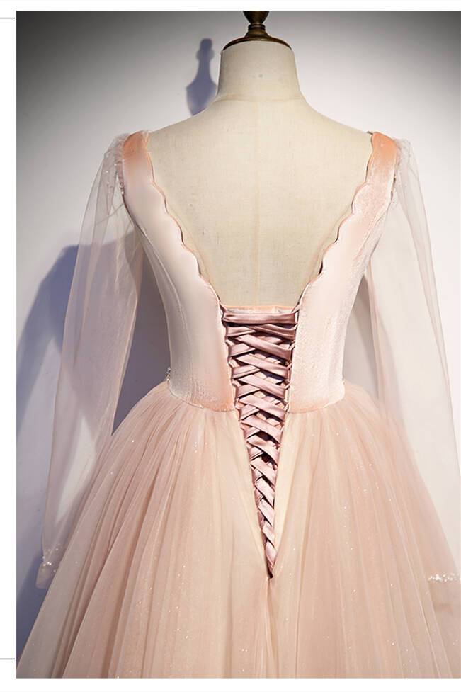 See Through Long Sleeves Pink Long Party Dress