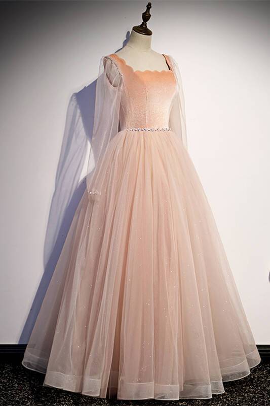 See Through Long Sleeves Pink Long Party Dress