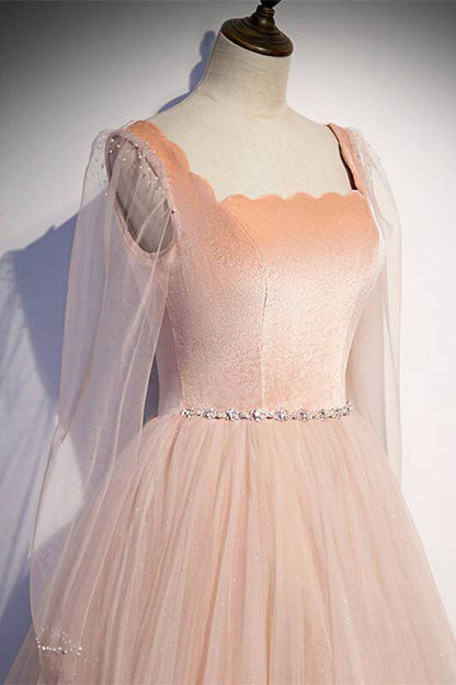 See Through Long Sleeves Pink Long Party Dress