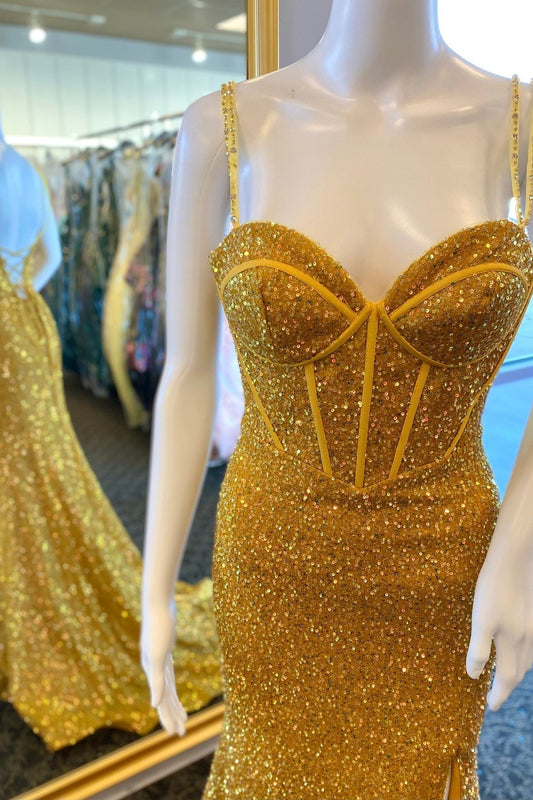 Yellow Sequin Mermaid Long Formal Dress with Slit